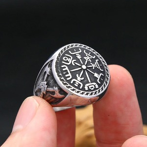 yunnique Stainless Steel Men's Round Compass <b>Ring</b> With Viking Symbol Geometric Design For Gift Jewelry - Product Image 1