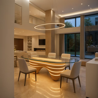 Table à manger ovale en verre sur base en bois massif, ondulée et superposée, personnalisée OEM, mobilier sur mesure pour hôtels et villas