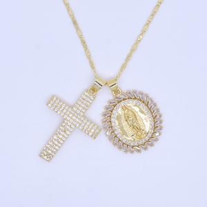 Collana con Pendente a Croce della Vergine Maria in Ottone di Alta Qualità con Zirconi, Catene per Uomo e Donna, Stile Retrò Cattolico Religioso - Product Image 6