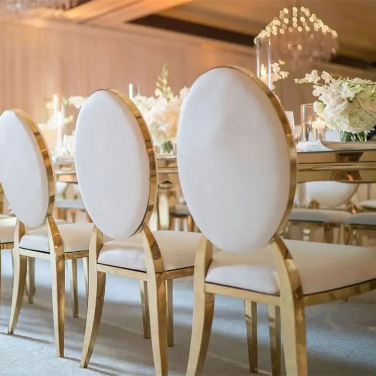 Heißer Verkauf Gold stapelbar Design Pu Leder Samt runde Rücken Edelstahl Hotel Bankett Event Hochzeit Stuhl