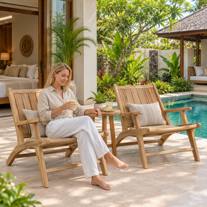Chaise longue d'extérieur en teck massif avec table d'appoint ronde pour le bord de la piscine - Product Image 4