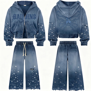 Customizable Denim Blue Embroidered DTG Print Tracksuit Custom Men Streetwear <strong>Hoodie</strong> Flared Jeans Rhinestone Street Clothing - Product Image 1