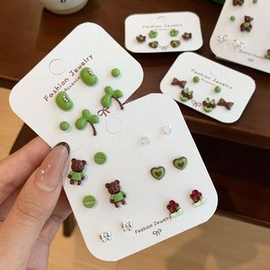 Ensemble de boucles d'oreilles pour filles, motif dessin animé <span class=keywords><strong>vert</strong></span>, collection automne-hiver, avec aiguille en argent, mignonnes et polyvalentes, pour étudiantes, style frais. - Product Image 1