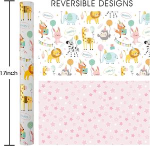 Papel de regalo neutro para baby shower, rollo de papel con diseños coloridos de animales de dibujos animados, impresión a doble cara, personalizable - Product Image 2