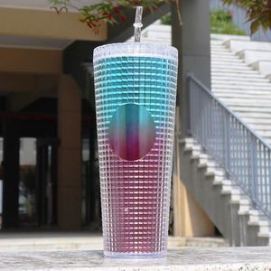 Bouteille d'eau en acrylique à double paroi 710 ml, grande capacité, gobelet laser arc-en-ciel en plastique pour fête avec paille - Product Image 4