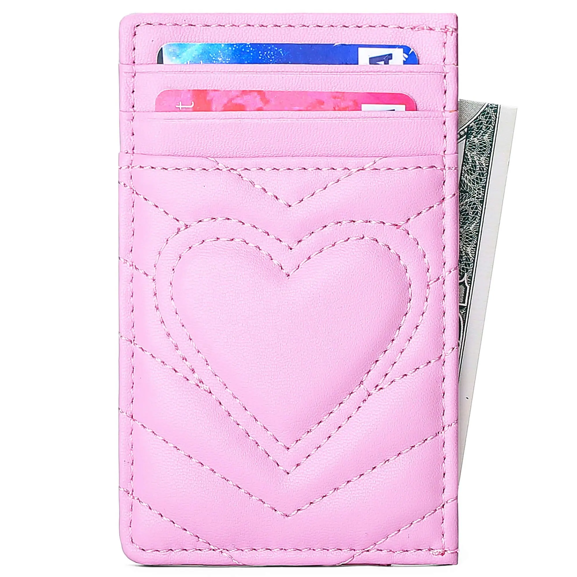 Monedero de cuero acolchado para mujer con bloqueo de corazón Rfid inteligente minimalista Delgado personalizado de los fabricantes, billetera con tarjetero para mujer