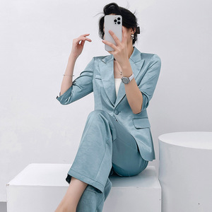 Women's Summer Suit Set Thin Style 2026 New Arrival Petite High End Stylish Blazer Work Solid Color Satin Fabric - Product Image 2