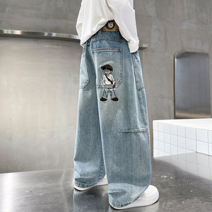 Jeans en denim souple décontractés à jambe droite pour garçons, <span class=keywords><strong>taille</strong></span> élastique respirante, délavage sable, pour enfants et adolescents, printemps-automne - Product Image 3