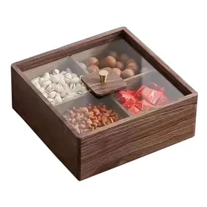 直柄可收藏盒糖果和坚果玻璃盖盖顶部实心黑胡桃木零食储物盒
