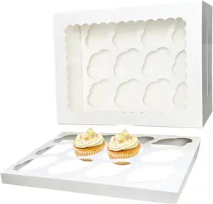 Recipientes para cupcake de 13x10x3.5 polegadas 12 contagens com janela Caixas para bolo branco com 20 suportes para cupcake para cupcakes e doces