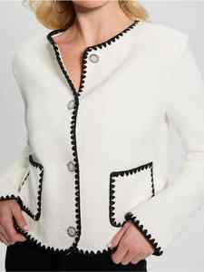 Custom Women <strong>White</strong> <strong>Boucle</strong> Cropped <strong>Jacket</strong> Contrast Black Trim Button Front Elegant Fashion Wholesale - Product Image 3