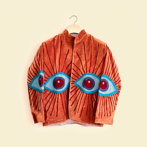 Chaqueta Bordada a Mano de Terciopelo Marrón con Diseño de Ojos, Manga Larga, Cuello Alto, Prenda de Invierno Artesanal para Mujer - Product Image 1