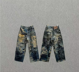 Men's Wide Leg Medium Wash Denim <b>Jeans</b> Mid Waist Loose Fit <b>Chain</b> Embroidery Vintage Streetwear Style Autumn Cotton Fabric Print - Product Image 4