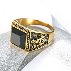 High Quality Custom Stainless Steel Retro Style <b>Jewelry</b> Masonic AG Ring Classic <b>Simple</b> All-match Gold Men's Ring Natural Stone - Product Image 1