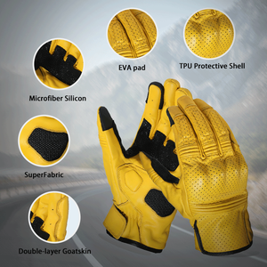 Gants de course à doigts entiers certifiés CE, en cuir véritable jaune vintage, respirants pour la course estivale - Product Image 3