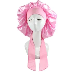 Baoli Custom Satin Silk Hair Bonnet With Tie Scarf Luxury Logo Long Large Women's Head Sleeping Bonnet Outdoor Daily Use