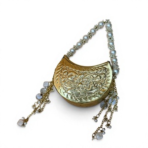Handmade Gold Metal Crescent <b>Clutch</b> <b>Bag</b> Embossed Floral Design Pearl Handle Chain Tassels Antique Minaudiere Women Wholesale - Product Image 1