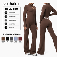 Combinaison de yoga évasée pour femme, manches longues, col montant, fermeture éclair, haute intensité, une pièce, fitness, course à pied, personnalisable OEM