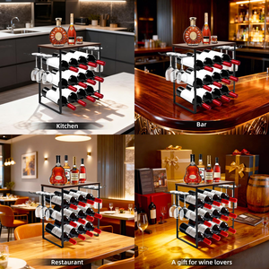 Casier à vin autoportant en métal noir à 3 niveaux pour 12 bouteilles avec crochets, support de rangement moderne de petite taille pour comptoir, table, armoire ou garde-manger - Product Image 5