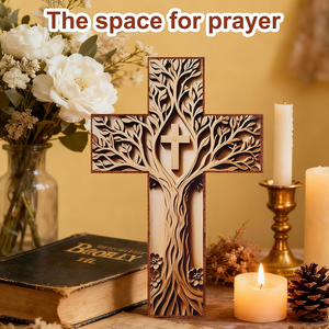 Croce <span class=keywords><strong>Albero</strong></span> <span class=keywords><strong>della</strong></span> <span class=keywords><strong>Vita</strong></span> <span class=keywords><strong>da</strong></span> Appendere, Croce Cristiana in Legno con Rilievo a Rami in Rilievo, Decorazione Rustica in Legno Tonalità Oro per Casa e Chiesa - Product Image 6