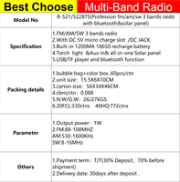 R-521BTS Am Fm Sw 3 bande radio avec sans fil lien torche lumière tout-en-un panneau solaire mp3 lecteur