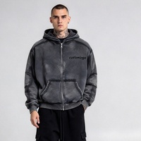 Sweat-shirt à capuche pour homme, en coton, délavé à l'acide, entièrement zippé, avec lettres en relief, effet vieilli, style streetwear, avec poche, pour un usage quotidien décontracté et hip-hop