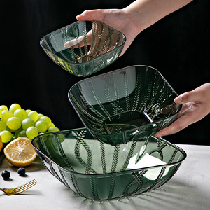 Green Glass Serving Bowls Set Square Design With Leaf Pattern For Fruit Snack Dessert Party Use - Product Image 1