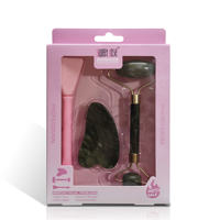 Kit de massage en jade vert foncé : Rouleau facial, Gua Sha en forme de cœur et spatule à masque – Outil de beauté et de soin anti-poches pour le lifting et le spa
