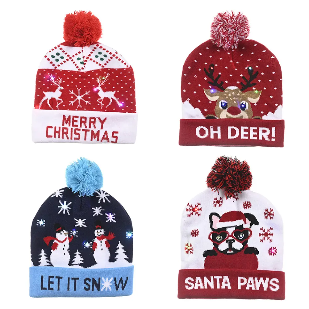 Chapéus de malha led de decoração, enfeite de natal para iluminar, quente, para crianças e adultos