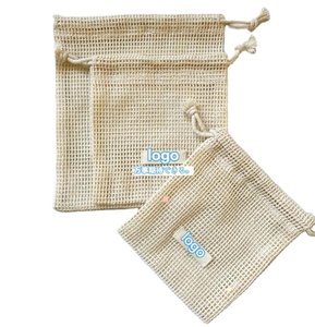 Bolsa de red de algodón reutilizable con etiqueta personalizada bolsa de almacenamiento con cordón ecológica con malla para aplicación manual para compras - Product Image 1