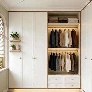 Armoire moderne sur mesure Balom, meubles de chambre à coucher blancs avec zone de rangement ouverte et design de coiffeuse intégrée - Product Image 2