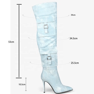 Women Large Size 45 Over Knee <b>Boots</b> Big Pockets Ornament Blue Denim Thigh High Booties Custom Colors Thin Heels Shoes - Product Image 6