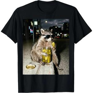 เสื้อยืดลายแรคคูนตลกๆ ลายกินผักดอง เสื้อยืดผ้าฝ้ายสำหรับผู้ชายผู้หญิง - Product Image 1