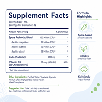 Gouttes liquides probiotiques pour enfants Spore Probiotic, formule nutritionnelle quotidienne sans arôme avec fibres prébiotiques et vitamine D3 pour la collection Bien-être