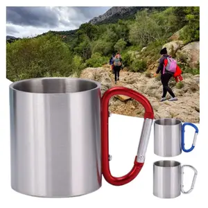 Supuer copo portátil de acampamento, copo de acampamento, caneca com mosquetão em aço inoxidável e parede dupla, 220ml/300ml