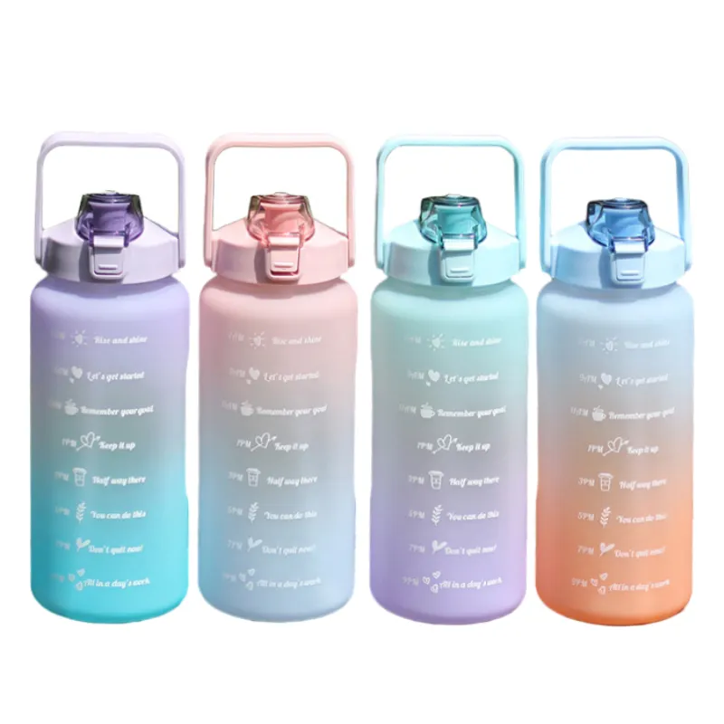 Mkas sinh thái thân thiện tùy chỉnh BPA miễn phí uống thể thao 2L 64oz nhựa motivational chai nước với thời gian đánh dấu rơm Lọc