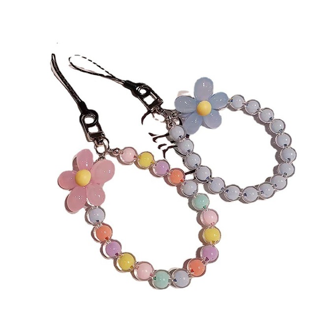 Colorful Bead Petal Lanyard for iPhone & for Samsung Anti-Lost Wrist Strap Bracelet & Car Keychain Cute Mobile Phone Case Charm