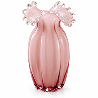 Vase en verre côtelé rose fait main avec bord festonné, récipient à fleurs en verre artistique pour la décoration de table de salon