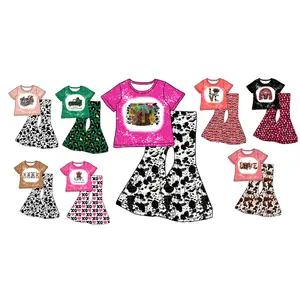 girl's clothing Short Sleeve Cow Top Flare Long Pants Leggings Kids Summer Outfits Set