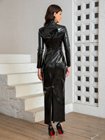 Europe et Amérique Lady Clothing Party Robe moulante à manches longues Robe noire ajustée en similicuir pour femmes