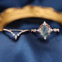 Anillo de Compromiso Vintage Único con Halo de Circonitas y Flor de Ágata Verde Musgo, Chapado en Oro Rosa 925, con Gema para Fiesta