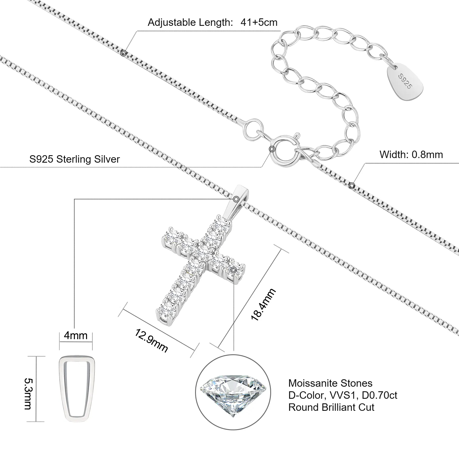 0,70 ct avec chaîne maille forçat S925 de 0,8 mm, 16+2 pouces - 0302SL
