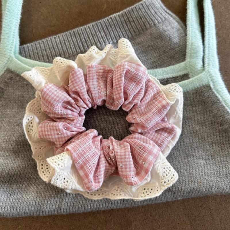 6 Pink Plaid Lace Scrunchies