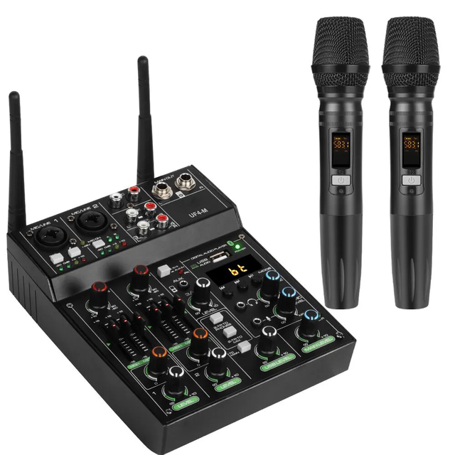 UF4-M Home Mixing Console Professional Mini 4 Channel Music Player Mixer USB Sound Card Audio Interface Mixer with Wireless Mic