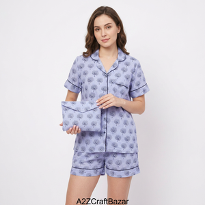Ensemble de pyjama pour femmes en coton 100% avec imprimé floral élégant, manches courtes, col rabattu, fermeture à boutons sur le devant, logo, vêtements de nuit décontractés d'été - Product Image 1