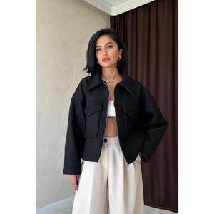 Chaqueta Negra Minimalista Tejida de Manga Larga para Mujer, Abrigo de Invierno - Product Image 4