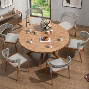 <b>Round</b> Solid Wood Teak Durable Outdoor Dining <b>Table</b> Set with 6 Chairs Modern <b>Garden</b> Furniture for Patio Balcony Terrace - Product Image 3