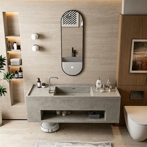 Lavabo minimalista personalizado de losa de roca gris sin juntas, espejo inteligente colgante de pared para baño, ideal para villas y hoteles. - Product Image 3
