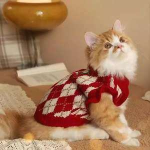 Queda <span class=keywords><strong>Pet</strong></span> Roupas Quentes Tecido De Malha Fina Vestuário Bonito Lace Lapel Bordado Cherry Plaid Padrão V-neck Cat Winter Sweater - Product Image 3