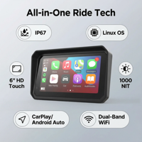 Écran de moto étanche IPS 6,0 pouces, CarPlay et Android Auto sans fil, caméra embarquée double objectif, affichage de la vitesse GPS, fixation universelle à dégagement rapide antivol